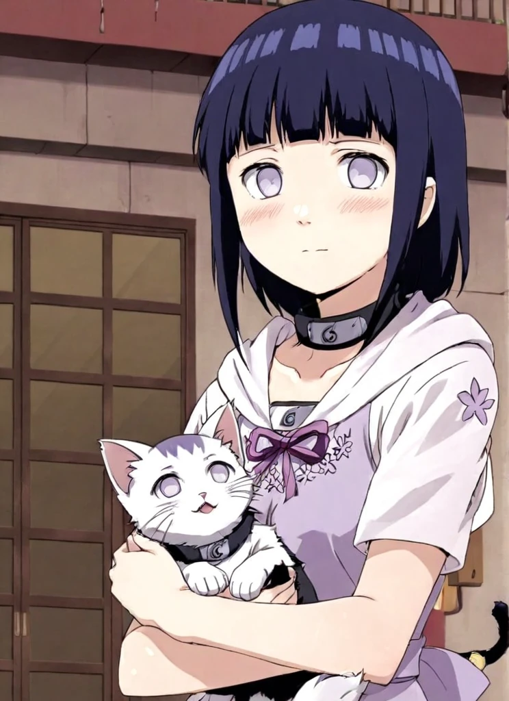 Hinata hiuga in a cute dress, with a kitten
