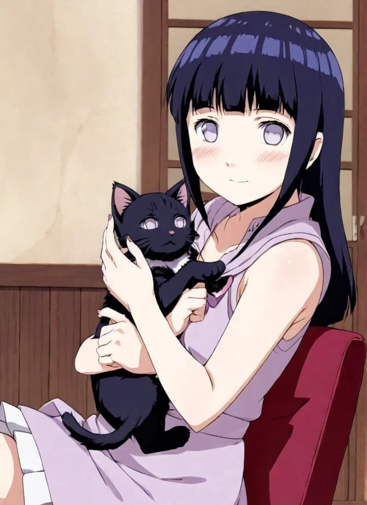 Hinata hiuga in a cute dress, with a kitten