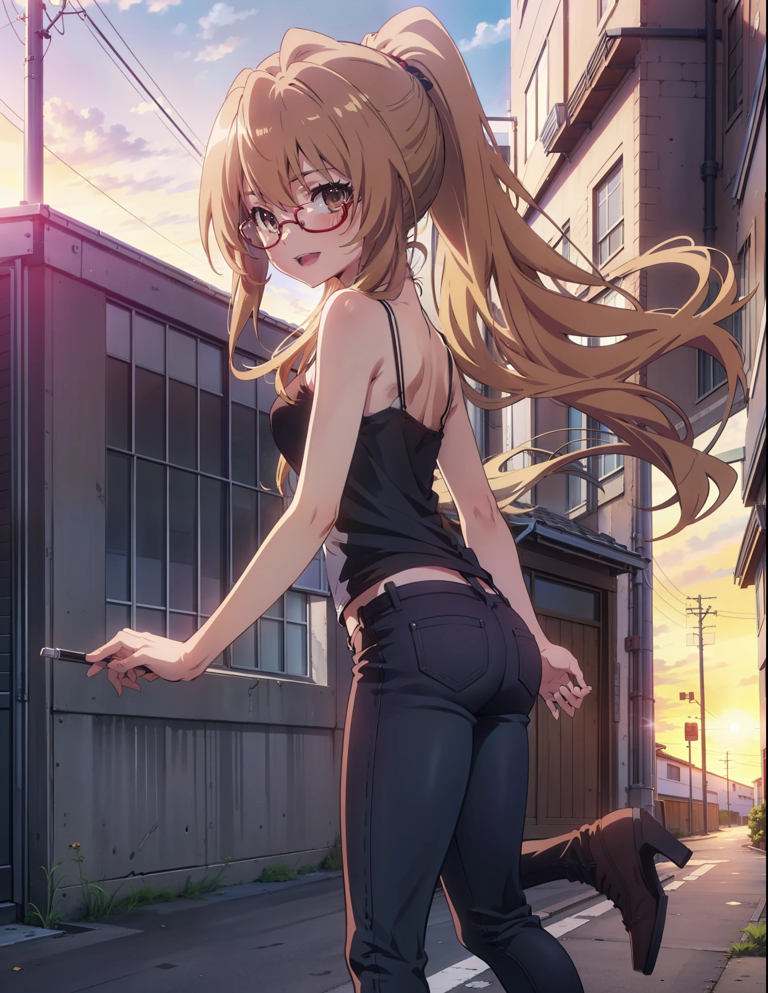 taiga aisaka, taiga aisaka, Long Hair, Brown Hair, Brown eyes,happy smile, smile, Open your mouth,ponytail,Black-rimmed glasses,Brown Tank Top,Skinny jeans,Stiletto heels,The rising sun,morning,morning陽,walking,whole bodyがイラストに入るように,
break outdoors, construction area,
break looking at viewer, whole body,
break (masterpiece:1.2), Highest quality, High resolution, unity 8k wallpaper, (shape:0.8), (Beautiful attention to detail:1.6), Highly detailed face, Perfect lighting, Extremely detailed CG, (Perfect hands, Perfect Anatomy),