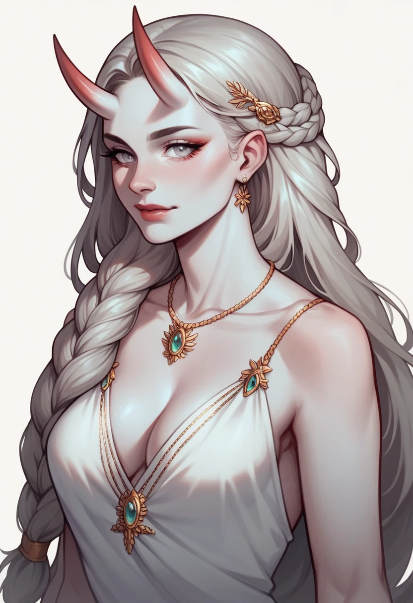 a woman,long braided and detailed hair,Human,White background,Gray toneasterpiece, Best Quality, ultra high resolution, beautiful, viarealmente impresionante, elegant, incredibly detailed, award-winning art, 0n1, silver eyes, Redskin, oni horns, are, colored skin, wears a white tunic