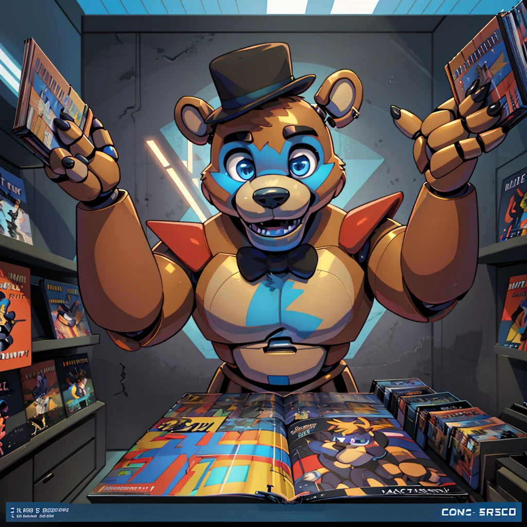 (masterpiece), ((perfect anatomy)), (high Res), (4k) ((fixed hands))), bear, buff, strong, blue eyes, wide shoulders, (robot), (animatronic), happy, ((black hat)), ((((comic book artstyle)))), (((solo)))