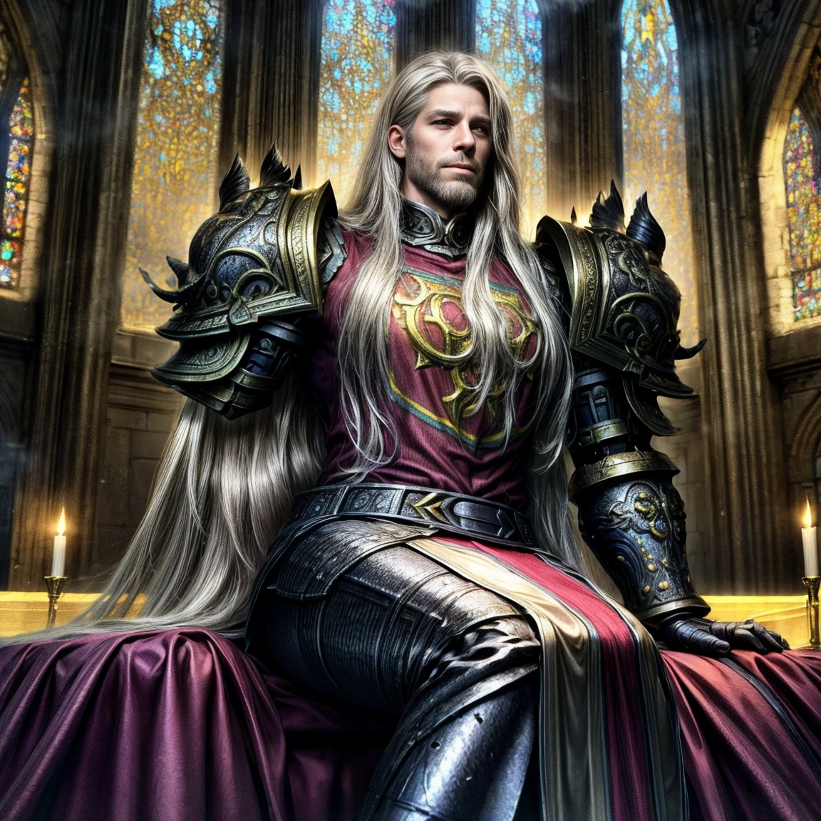 Draego, a medieval knight in shining armor, (long hair:1.2), sitting in a chair in front of an altar in a large cathedral, dramatic backdrop, high contrast, wide angle lens, vibrant colors, serene, detailed intricate armor, flowing cape, determined facial expression, sunlight streaming through stained glass windows, ornate altar with candles, dramatic shadows, cinematic composition, photorealistic, 8k, hyper detailed, masterpiece
