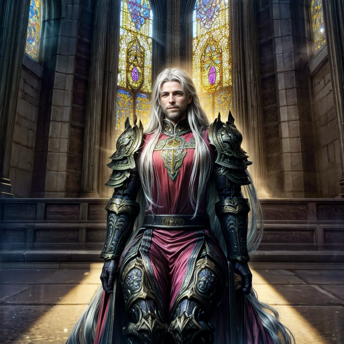 Draego, a medieval knight in shining armor, (long hair:1.2), sitting in a chair in front of an altar in a large cathedral, dramatic backdrop, high contrast, wide angle lens, vibrant colors, serene, detailed intricate armor, flowing cape, determined facial expression, sunlight streaming through stained glass windows, ornate altar with candles, dramatic shadows, cinematic composition, photorealistic, 8k, hyper detailed, masterpiece
