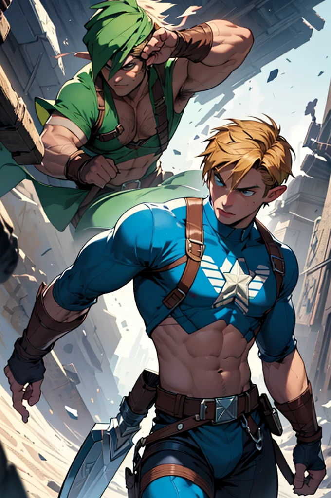 Create 2d sprites of a hero to place in a video game, at various angles, he will be a mix of Captain America from Marvel Comics with Link from the game series The Legend Of Zelda, he uses long sword and shield, He has a mysterious mark on his arm that turns out to be the key to using the Artifact of Harmony., he wears a green combat uniform, Coraggioso, determined, fair, but sometimes impetuous, 16K, best qualityer!