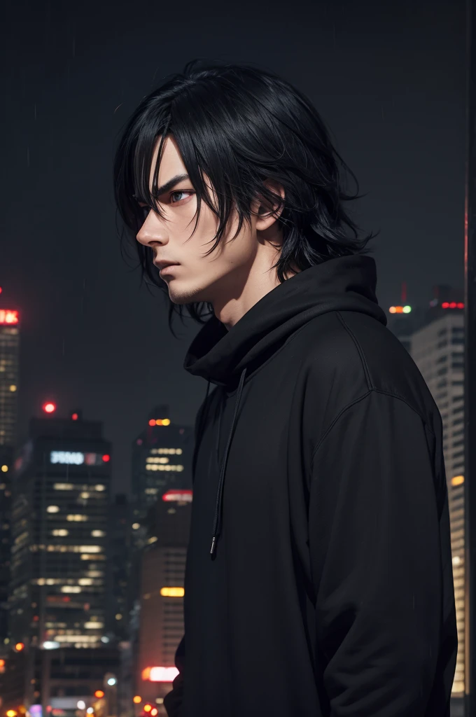 anime character,naughty man,wearing black sweatshirt,staring overhead,Grieving,blackquality hair, Eyes red, 2D various shades, city night background, raining gray background,