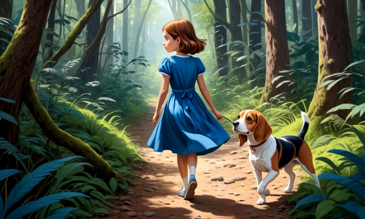 Draw a young girl with brown hair and a blue dress. She is following a trail in the dense forest with a look of curiosity. Next to her is a brown and white beagle.