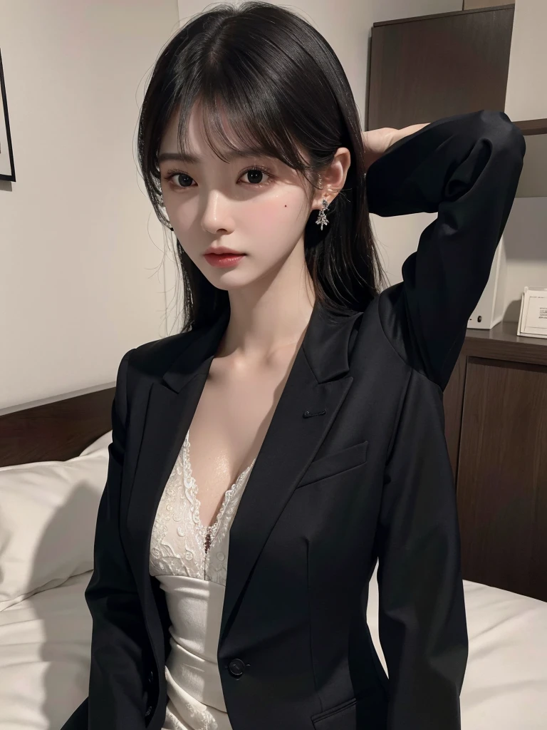 absurdres, RAW photo, extremely delicate and beautiful, masterpiece, Best Quality, ultra high resolution, 32k, hyperrealistic, ultra-detailed, delicate facial features, beautiful detailed woman, tearful mole, earring, medium breasts, full body shot, medium hair, black hair, ((office lady suit)), blazer, wet, bed,