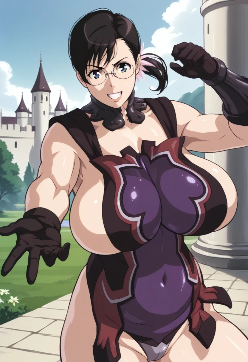 nsfw:1.5,One One Girl, alone, Long Hair, Black Hair, Low Ponytail, blue eyes, Swept-apart bangs, Glasses, Huge breasts, Detachable collar, leotard, Single gauntlet, One-handed gloves, superiorper body, A kind smile, Reaching out towards the viewer, The hug is coming, Outdoor, Cowboy Shot, castle score_9, score_8_superior, score_7_superior, score_6_superior, score_5_superior, score_4_superior, Break Source_anime, masterpiece
