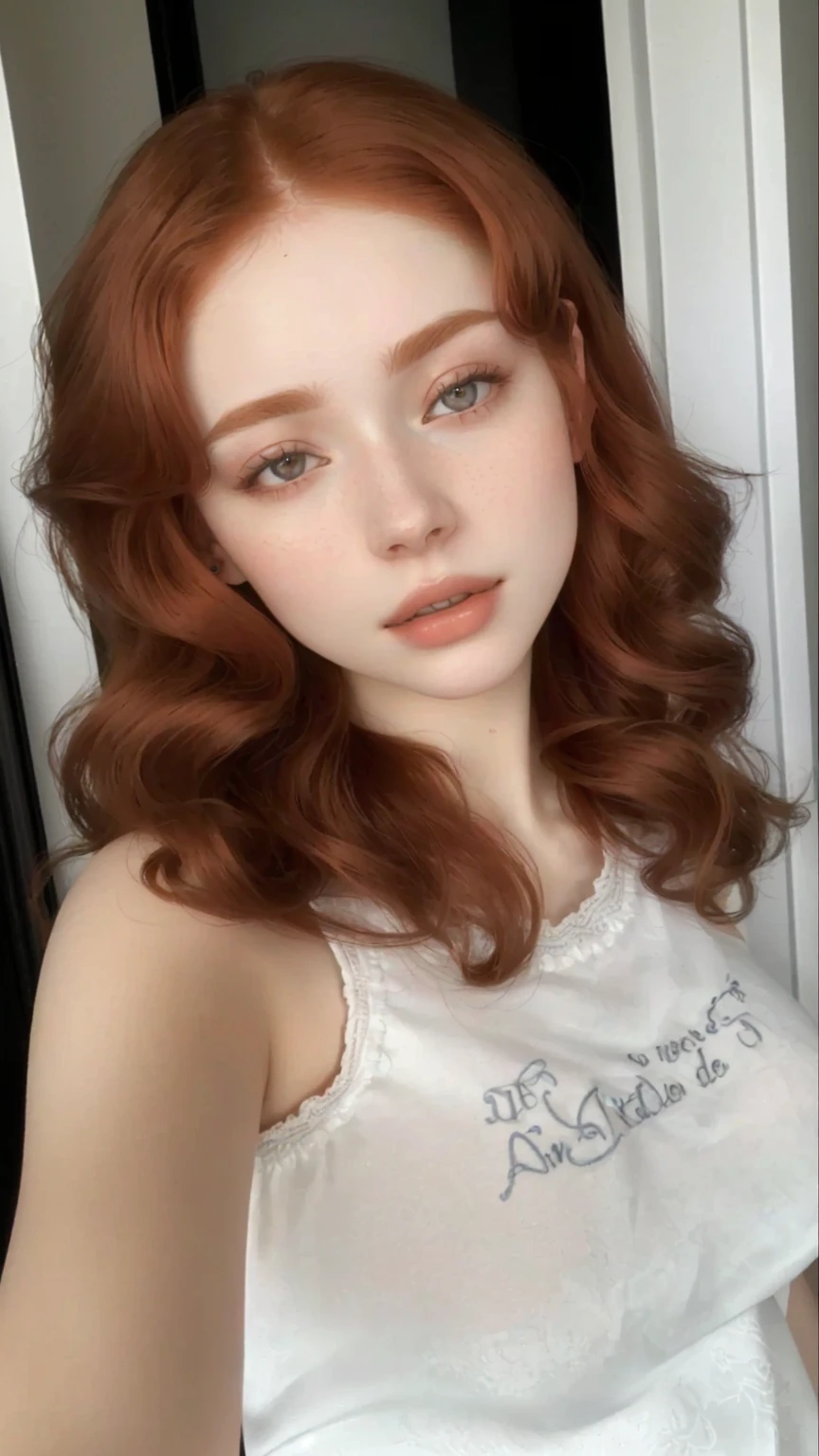 there is a woman with red hair and a white shirt, 🤤 girl portrait, pale and light skin!!, with pale skin, 19 year old girl, Perfect face ), Portrait Sophie Mudd, 18 years, Anna Nikonova aka Newmilky, beautiful delicate face, pale skin curly blonde hair, leaked image, amaranth, brown hair and big eyes