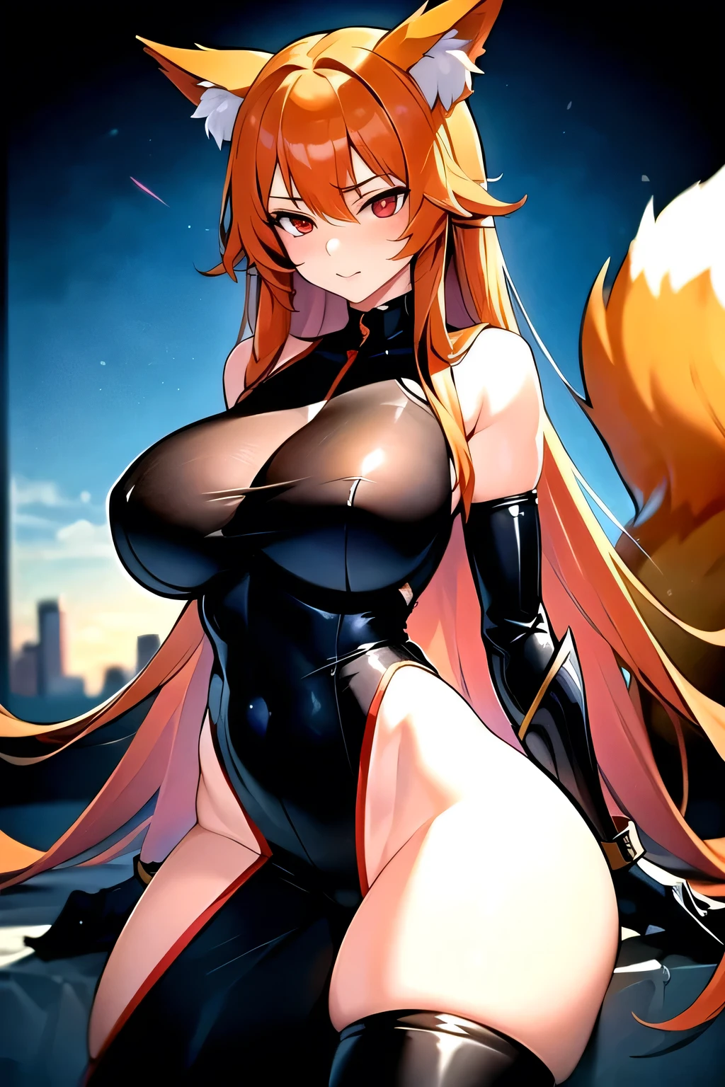((best quality)), (detailed), 1girl, aggressive voluptuous three-tailed fox woman with red eyes and long orange hair with big bushy tails in the future dressed in tech armor