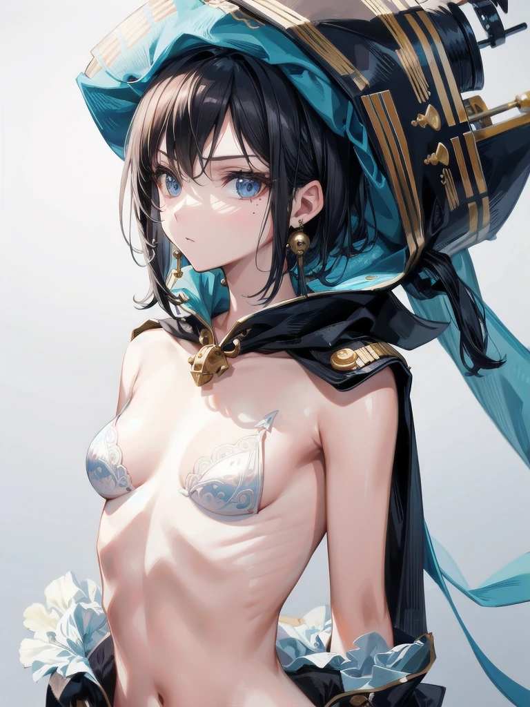 absurdres, RAW photo, extremely delicate and beautiful, masterpiece, Best Quality, ultra high resolution, 32k, hyperrealistic, ultra-detailed, in her 20s, very Slim body, narrow waist, very small head, very small face, delicate facial features, tearful mole, earring, medium breasts, full body shot, medium hair, black hair, pirate captain, (intricate pirate clothing),