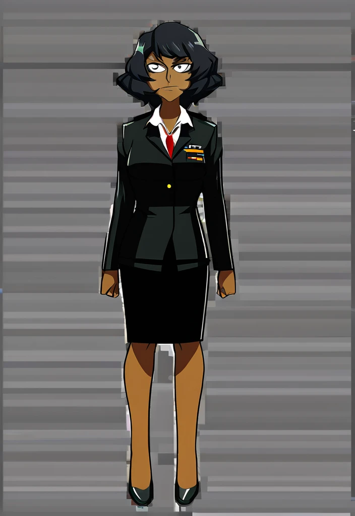 Make a old evil military black anime woman in a dark skirt suit  full body 