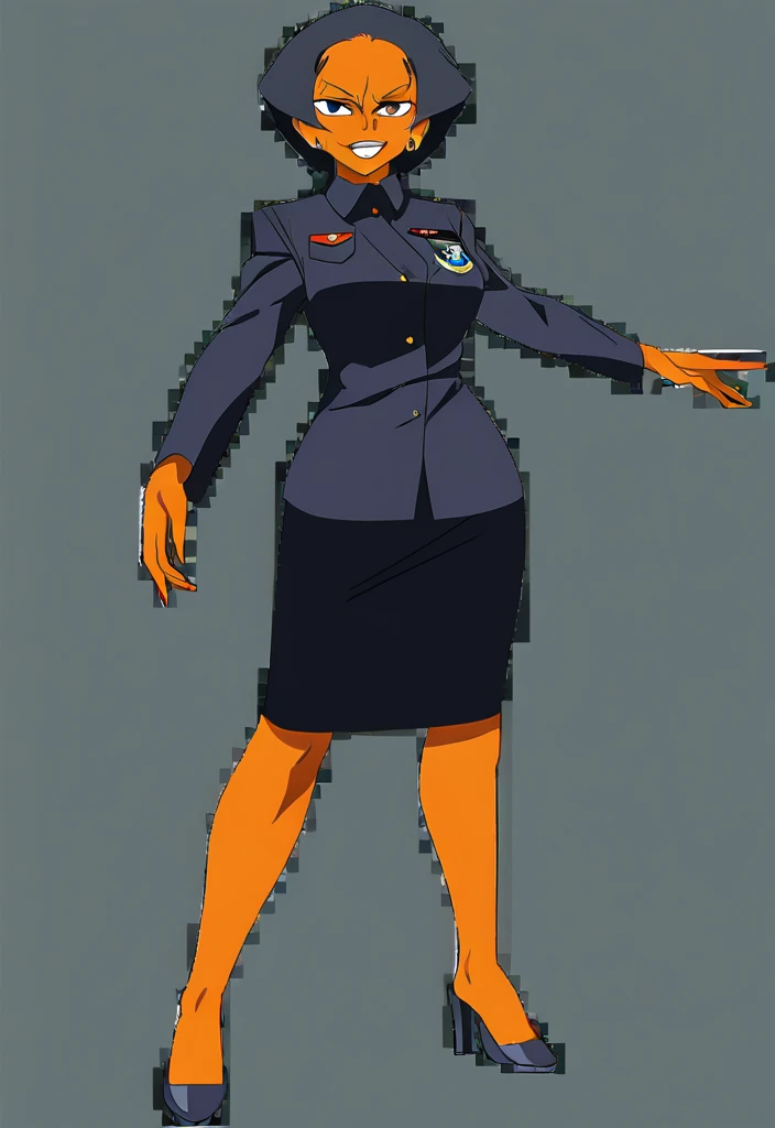 Make a old evil military black anime woman in a dark skirt suit full body
