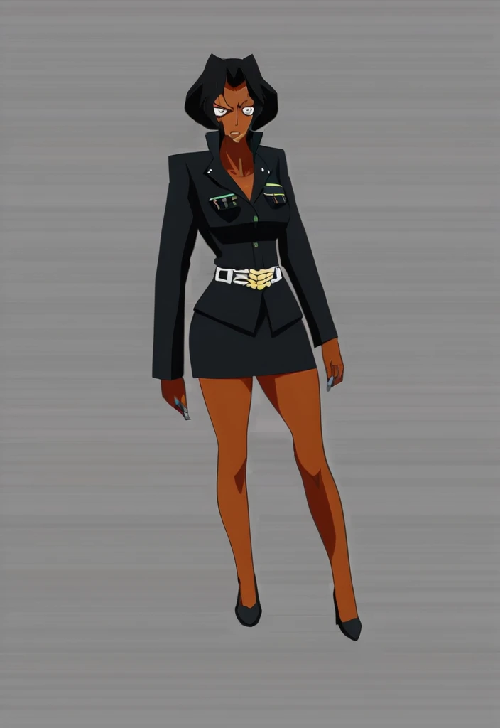 Make a old evil military black anime woman in a dark skirt suit full body