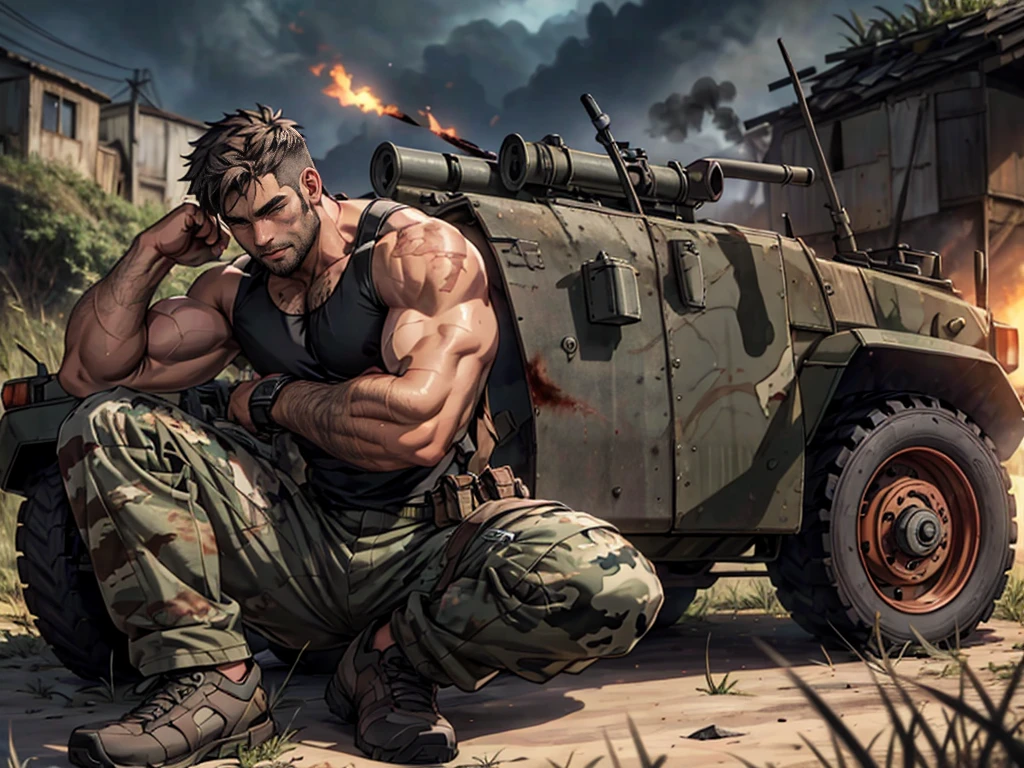 ((1boy)), male only, camouflage tank top, dropped down camouflage pants, mature, stubble, muscular, detailed face, best quality, depth of field, sitting down on ground, battle field, smoke, battle fire, side view, scar, blood, open legs position, look at the viewer, at night, natural lights, detailed, masterpiece, detailed background, composition, farshot, full body view, atmosphere,