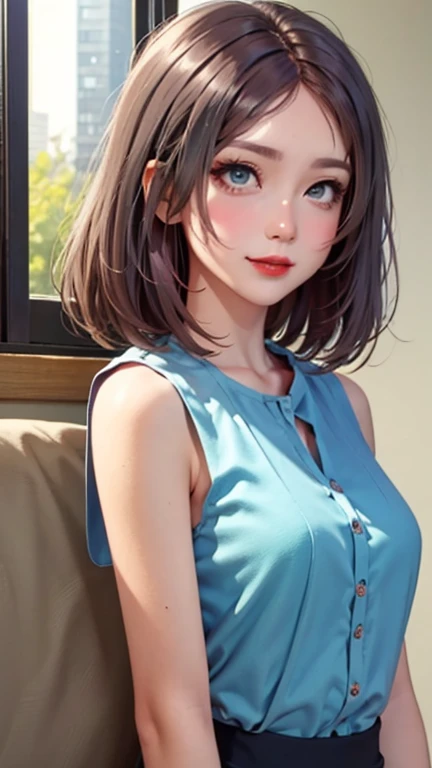 blush a little and smile, (Top quality masterpiece:1.2) Delicate illustrations, Very detailed, /Beautiful Japanese Women、1 person,Very cute and slim、Great style 、((8K images、super high quality))、Very delicate face, Skin and Hair、beautifule forehead、Red lipstick、(((((Medium Hair、Silver Hair、lure))))),Very cute Japanese cut face、Eyes and nose are clearly visible、Kind eyes,((((Sleeveless fashion))))