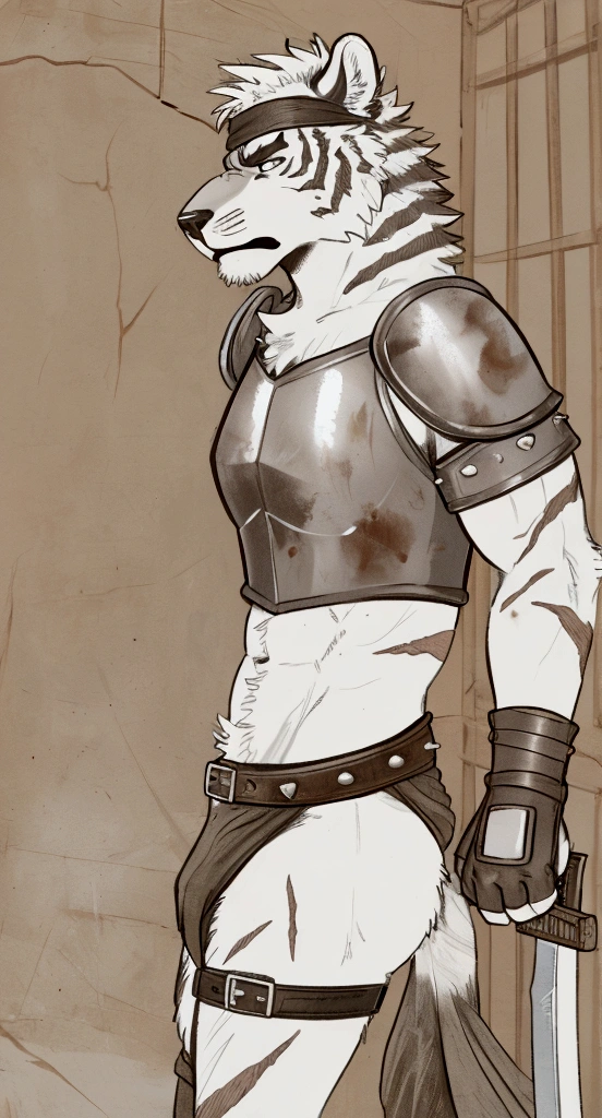 Solo Sexy anthro furry tiger desert slave ancient gladiator, slim endomorph muscular handsone model male apperance, headband, sword scars, worn out leather skimpy armament, low on hips heavy leather belt, old very worn out skimpy dirty linen material jockstrap, old yellow dirty worn out stains on white jockstrap, studded skimpy armlets breastplate armor, skimpy breastplate, leather bondages, fingerless leather gloves, smelly unwashed furr, dirty body look, desert fighting wooden cage arena, standing in sexy fighting position, close view of full character, proffesional lineart comic drawing furry style, proffesional digital furry comic drawing style