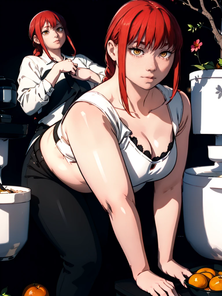 Le personnage Makima de la série animée Chainsaw Man, fragile, obésité morbide, ssbbw, pleine longueur (corps entier 1.1.), fond sombre, obscurité, anatomie correcte 1.1, anatomie correcte de la main, Très féminin, corps gras et rond, grosses Jambes, fesses, beau corps obèse, ventre rond et mou très gras, cheveux roux, Yeux oranges, Cercles rouges pour les écoliers, chemise blanche, jupe noire, cravate noire, pose sexy, réaliste, very détaillé, beau corps, détaillé body, détaillé hands, détaillé, vibrant, détaillé Face, Conception des personnages de Makima. very détaillé, détaillé body, détaillé hands, détaillé Face, Art animé, Hugh Détails, Visage très abattu, détaillé eyes, Illustration ultra fine, Meilleure ombre, détail fin, beautiful détaillé glow, beautiful détaillé, Extraordinairement beau, extremely détaillé, inexpressif, composition épique, Style animé. art animé, Style animé. Jupe noire, chemise blanche, cravatte, pose sexy. Double menton, visage très gras, grosses joues, joues potelées