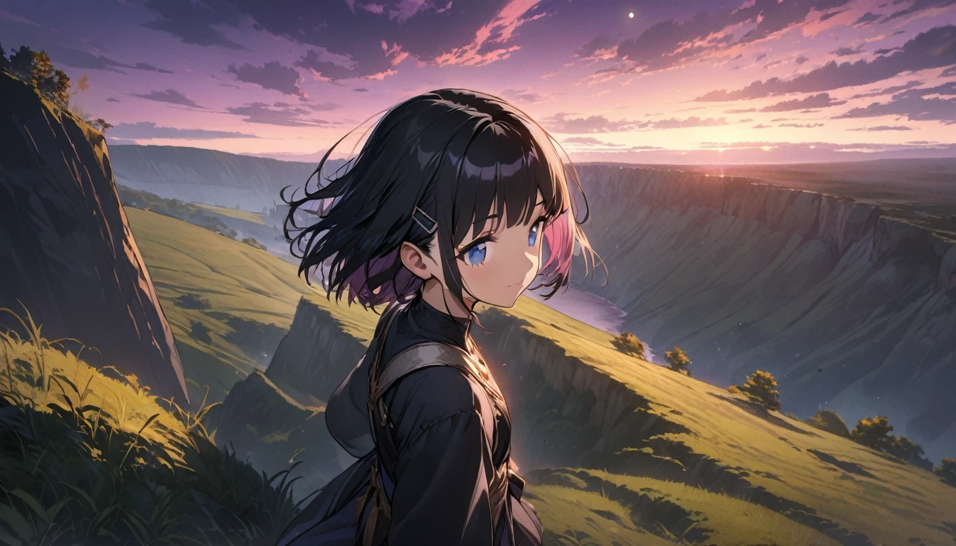 1girl, solo, blue eyes, (detailed eyes), flat chest, short hair, black hair, standing, gentle smile on her face((masterpiece, illustration, best quality) (Masterpiece illustration,Beautiful and aesthetic:1.2,head up,aim to sky), Best quality,Top quality, Epic quality,((((nature,on a hill near cliff,the top of the hill ,outdoor,cloudy,))))(beautiful purple sunset,moonlight,moon glare, god light, from above:1.3,))Neat face,,mature,Beautiful detailed hair，hyper HD, retinas, Textured skin, A high resolution, 16k ，((hairclip,blunt bangs,middle hair,Detailed face, 1JK, lady,Solo, Perfect face, Very amazing girl,