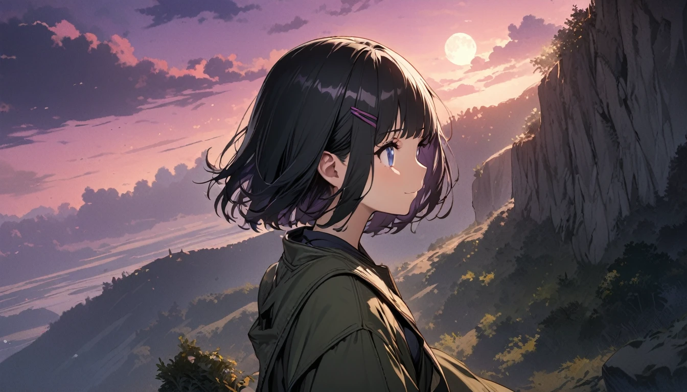 1girl, solo, blue eyes, (detailed eyes), flat chest, short hair, black hair, standing, gentle smile on her face((masterpiece, illustration, best quality) (Masterpiece illustration,Beautiful and aesthetic:1.2,head up,aim to sky), Best quality,Top quality, Epic quality,((((nature,on a hill near cliff,the top of the hill ,outdoor,cloudy,))))(beautiful purple sunset,moonlight,moon glare, god light, from above:1.3,))Neat face,,mature,Beautiful detailed hair，hyper HD, retinas, Textured skin, A high resolution, 16k ，((hairclip,blunt bangs,middle hair,Detailed face, 1JK, lady,Solo, Perfect face, Very amazing girl,