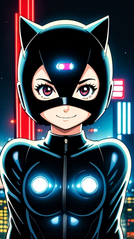 (8k),(masterpiece),(Japanese),(13-year-old girl),((innocent look)),((Childish)),From the front,smile,cute,Innocent,Kind eyes,Flat chest, Catwoman, Black Helmet, Black Domino Mask,Blackcaoe,Short,Hair covered by helmet,Black Hair,Strong wind,night,dark, Neon light cyberpunk city, mighty atom