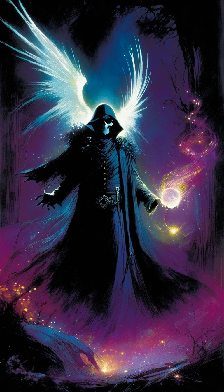 love and death, magic, dark, fantasy, night, inspired by Bill Sienkiewicz
