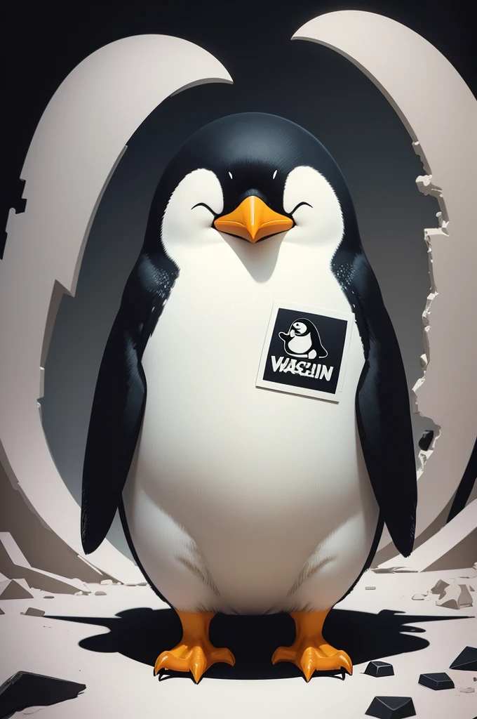 Penguin illustration for sticker on black background, Bold outline style, irregular, trashcore, light shading