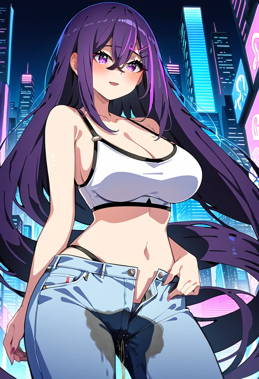 (masterpiece:1.37), best quality, (extremely detailed:1.37), woman, mature, adult, large breasts, (very long hair:1.5), dark purple hair, purple eyes, (extremely detailed eyes:1.37), crop top, cleavage, navel, jeans, open fly, desperation, (wetting: self 3.0), standing, city, futuristic, neon lighting, high-tech, street