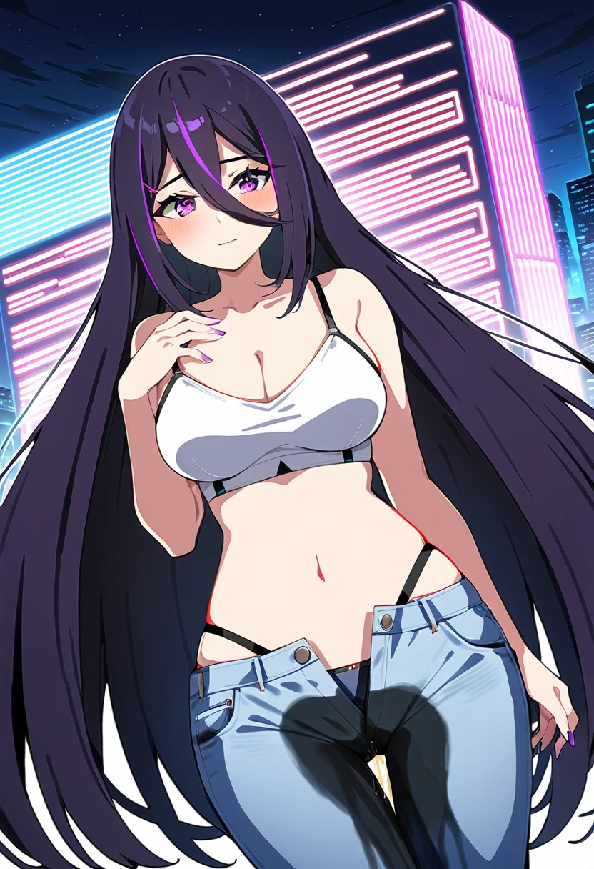(masterpiece:1.37), best quality, (extremely detailed:1.37), woman, mature, adult, (very long hair:1.5), dark purple hair, purple eyes, (extremely detailed eyes:1.37), crop top, cleavage, navel, jeans, open fly, desperation, (wetting: self 3.0), standing, city, futuristic, neon lighting, high-tech, street