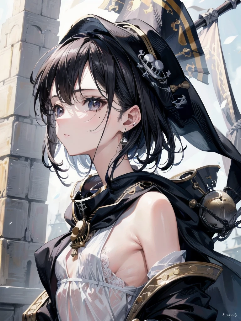 absurdres, RAW photo, extremely delicate and beautiful, masterpiece, Best Quality, ultra high resolution, 32k, hyperrealistic, ultra-detailed, in her 20s, very small head, very small face, delicate facial features, tearful mole, earring, medium breasts, full body shot, medium hair, black hair, pirate captain, (intricate pirate clothing),