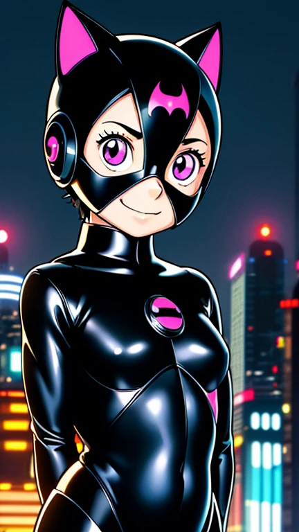 (8k),(masterpiece),(Japanese),(****************),((innocent look)),((Childish)),From the front,smile,cute,Innocent,Kind eyes,Flat chest, Catwoman, Black Helmet, Black Domino Mask,Blackcaoe,Short,Hair covered by helmet,Black Hair,Strong wind,night,dark, Neon light cyberpunk city, mighty atom