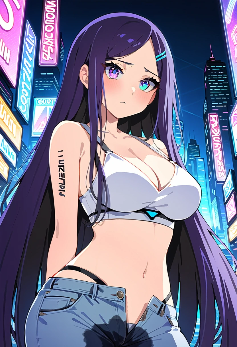 (masterpiece:1.37), best quality, (extremely detailed:1.37), woman, , adult, breasty long hair:1.5), dark purple hair, purple eyes, (extremely detailed eyes:1.37), crop top, cleavage, navs, open fly, desperation, (wetting: self 3.0), standing, city, futuristic, neon lighting, high-tech, street