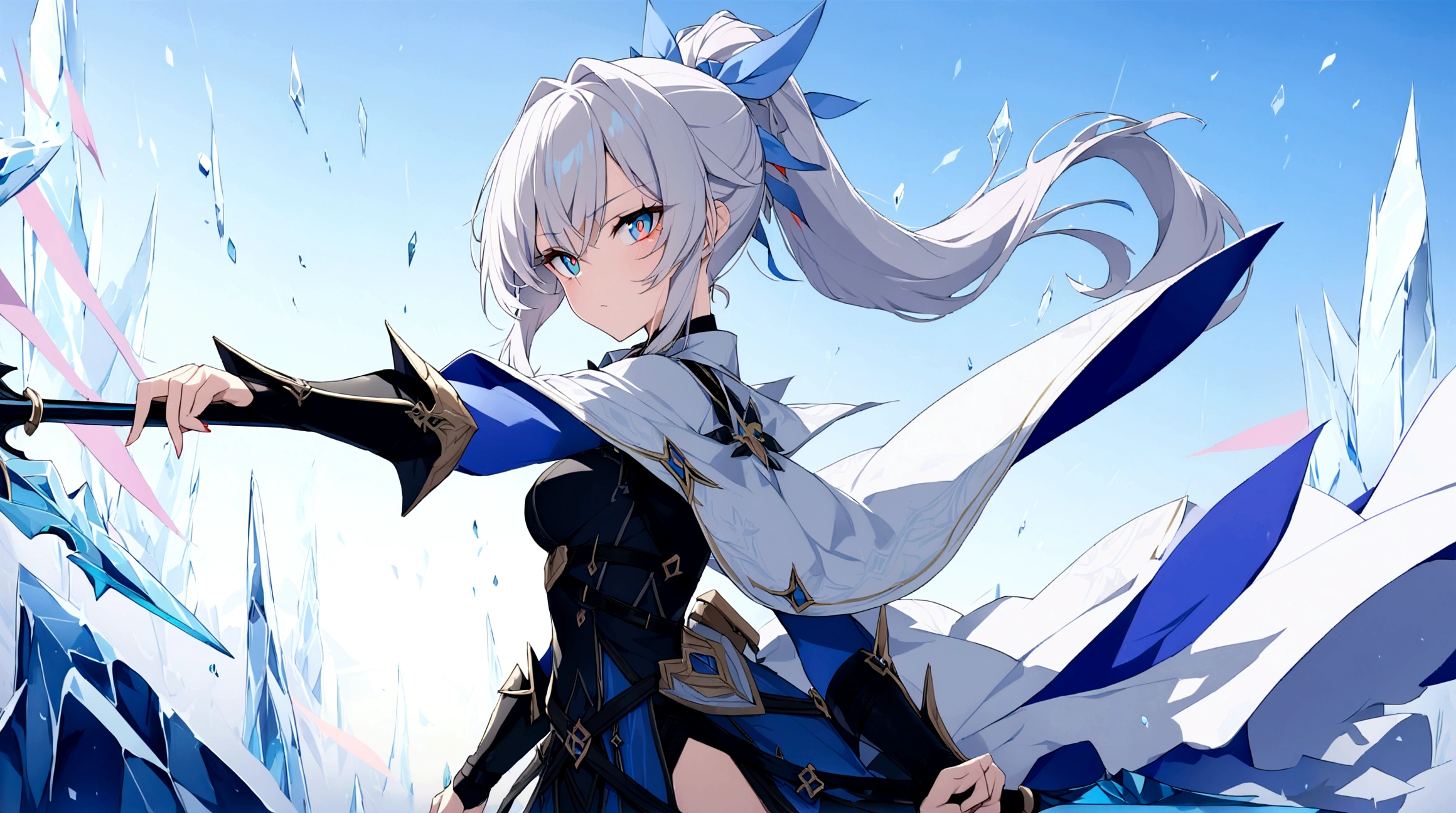 (1girl, Masterpiece, best quality) (detailed and beautiful eyes:1.6) (perfect hands, perfect anatomy) (full body)) Fierce warrior girl with long white hair in a high ponytail and striking red eyes. She wears sleek, modern armor in blue and black with gold and silver details, and a white, high-collared cape with blue and gold accents. She holds a long spear in her right hand and points forward with her left hand. The background should be an icy landscape with crystalline formations and a cold, blue sky, reflecting light off the ice for a mystical atmosphere. Capture her determined and focused expression, conveying a sense of readiness and strength.