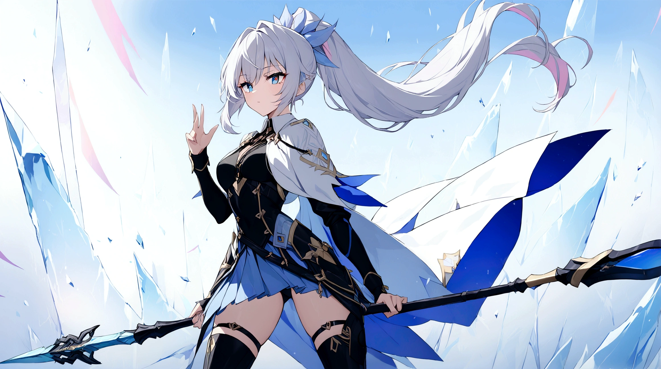 (1girl, Masterpiece, best quality) (detailed and beautiful eyes:1.6) (perfect hands, perfect anatomy) (full body)) Fierce warrior girl with long white hair in a high ponytail and striking red eyes. She wears sleek, modern armor in blue and black with gold and silver details, and a white, high-collared cape with blue and gold accents. She holds a long spear in her right hand and points forward with her left hand. The background should be an icy landscape with crystalline formations and a cold, blue sky, reflecting light off the ice for a mystical atmosphere. Capture her determined and focused expression, conveying a sense of readiness and strength.