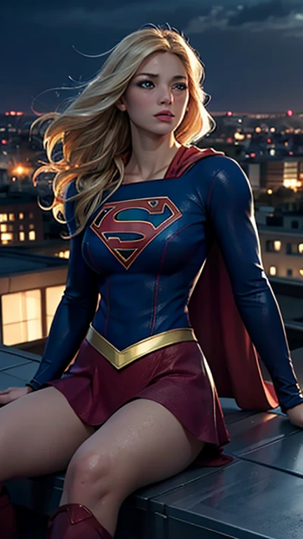 supergirl, sitting on a rooftop building, lost in deep thought, looking at the city, perfect eye, beautiful highly detailed eyes, beautiful blue eyes, both eyes are similar, beautiful detailed lips, extremely detailed face, detailed Supergirl tight suit, tight figure, blonde hair, big breasts, dynamic pose, cinematic lighting, epic cityscape, moody atmosphere, dramatic shadows, vibrant colors, photorealistic, 8k, best quality, hyper detailed, masterpiece