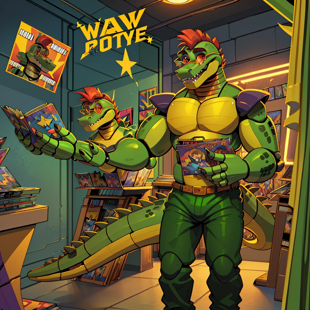 (masterpiece), ((perfect anatomy)), (high Res), (4k), alligator, buff, strong, red eyes, wide shoulders, (robot), (animatronic), happy, (no shirt)), ((green pants)), ((yellow star shaped glasses)), ((((comic book artstyle)))), (((solo)))