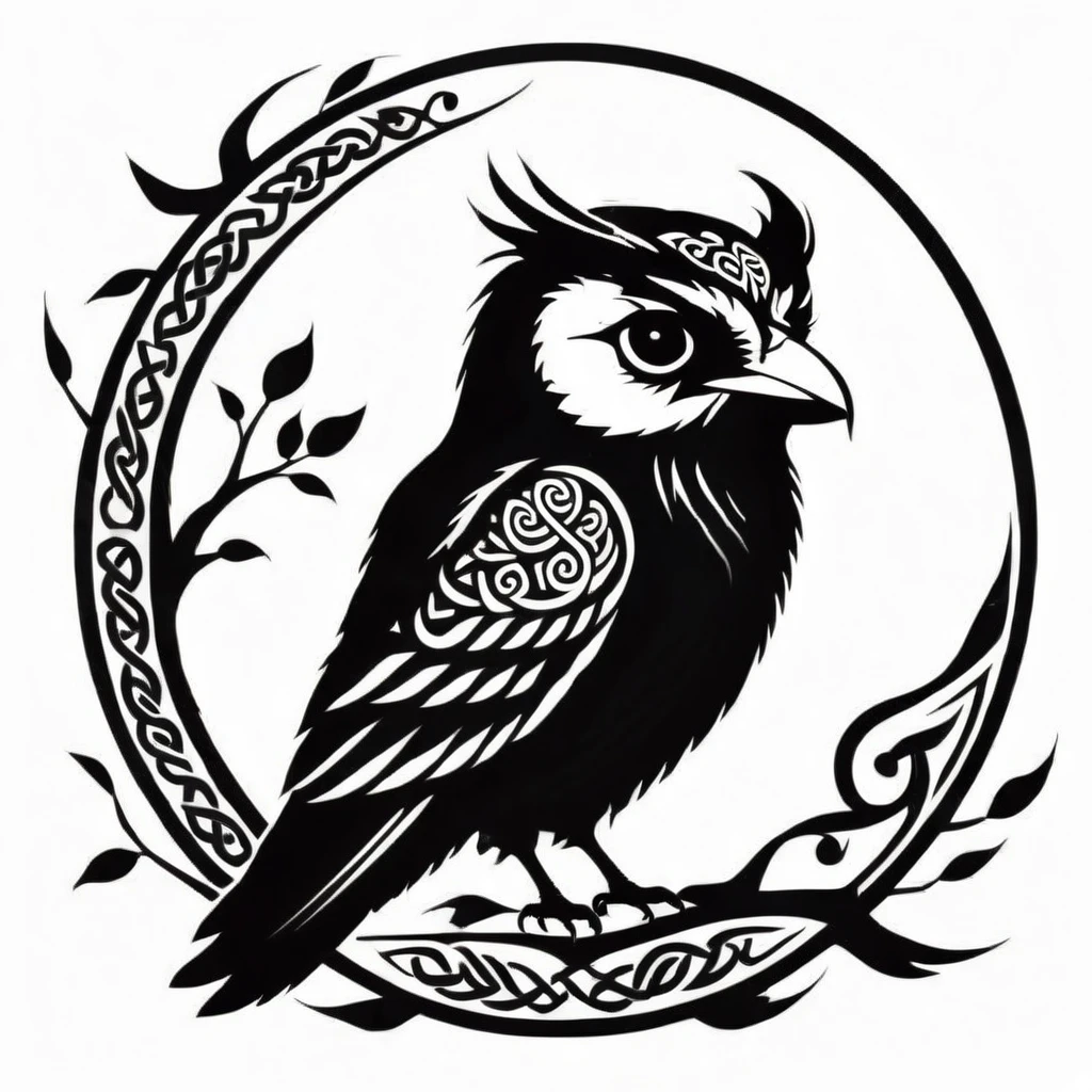 celtic style, tribal style, norse style, raven, owl, black and white, raven