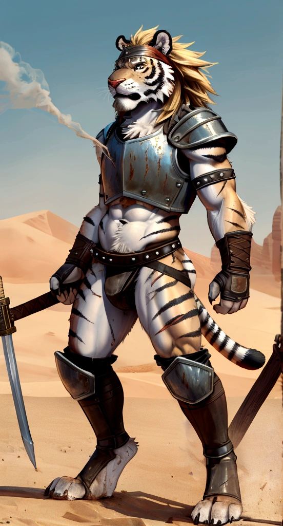 Solo Sexy anthro furry tiger desert slave ancient gladiator, slim endomorph muscular handsone model male apperance, headband, sword scars, worn out leather skimpy armament, low on hips heavy leather belt, old very worn out skimpy dirty linen material jockstrap, old yellow dirty worn out stains on white jockstrap, studded skimpy armlets breastplate armor, skimpy breastplate, leather bondages, fingerless leather gloves, smelly unwashed furr, dirty body look, desert fighting wooden cage arena, standing in sexy fighting cinematic position, close view of full character, side view