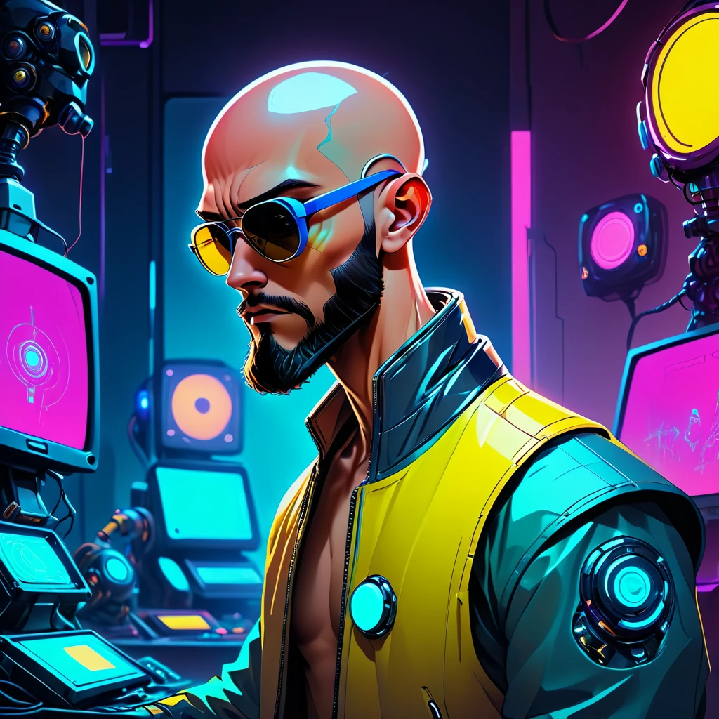 one  men, 30years, without hair, bald man with brown beard, athletic body, wearing yellow leather jacket with blue neon, sunglasses with blue lens, robotic arm implants, connected limbs, in his bedroom, using a computer to hack, futuristic atmosphere, night time, cyberpunk style, Point of view view, centered image.