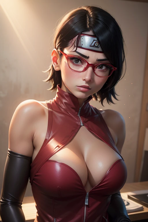 (highres,masterpiece:1.2),ultra-detailed,realistic,professional,beautiful detailed eyes,beautiful detailed lips,dark hair,short black hair,red glasses,Very big breasts,stunning black eyes,clear skin,18-year-old girl,fashionable short hairstyle,vibrant red glasses,Shinobi Academy,fierce determination,confident posture,crimson outfit,intense gaze,background filled with ninjutsu techniques,shadows cleverly accentuating her features,subtle studio lighting,sublime realism,striking color tones