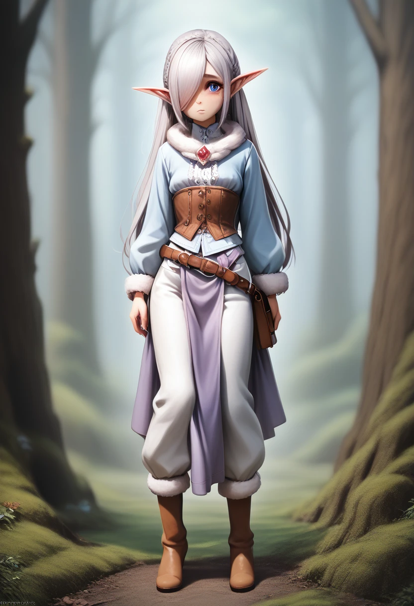 ((Best Quality)), (Masterpiece)), (Details: 1.4), Absurd Resolution, High Resolution, (Masterpiece: 1.4), Ultra Detailed, detailed gnome girl with pale skin, short stature, very long waist length silver hair that curls at the ends, covering one eye, with small breasts, pouty lips, and bright blue anime-style eyes with long lashes, wearing a corset, white puffy long sleeved shirt, and puffy cloth pants, leather bound boots, set in a windy fantasy landscape, (best quality,4k,8k,highres,masterpiece:1.2),ultra-detailed, dungeons and dragons, long elf ears, small girl, detailed skin and cloth textures, cute detailed face, intricate details, extremely detailed, 1girl, dynamic pose with hair covering one eye, shy personality, puffy cloth pants with leather belt, detailed privateer outfit, detailed buccaneer outfit, pouch on belt, wearing ornate leather armor with fur trim, silver inlay detail, wearing fur trimmed boots, wearing fur trimmed gloves, short, short height, halfing girl, small girl, very long detailed flowing hair