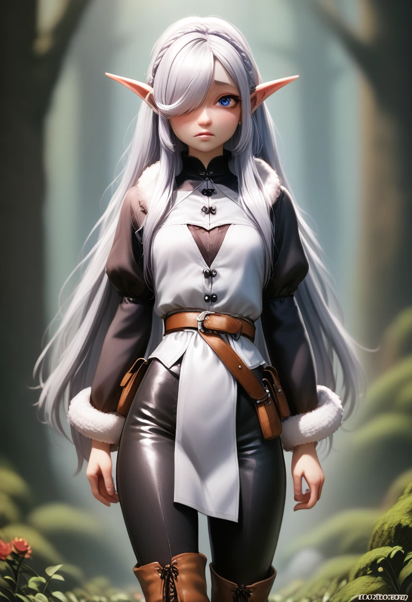 ((Best Quality)), (Masterpiece)), (Details: 1.4), Absurd Resolution, High Resolution, (Masterpiece: 1.4), Ultra Detailed, detailed gnome girl with pale skin, short stature, very long waist length silver hair that curls at the ends, covering one eye, with small breasts, pouty lips, and bright blue anime-style eyes with long lashes, wearing a corset, white puffy long sleeved shirt, and puffy cloth pants, leather bound boots, set in a windy fantasy landscape, (best quality,4k,8k,highres,masterpiece:1.2),ultra-detailed, dungeons and dragons, long elf ears, small girl, detailed skin and cloth textures, cute detailed face, intricate details, extremely detailed, 1girl, dynamic pose with hair covering one eye, shy personality, puffy cloth pants with leather belt, detailed privateer outfit, detailed buccaneer outfit, pouch on belt, wearing ornate leather armor with fur trim, silver inlay detail, wearing fur trimmed boots, wearing fur trimmed gloves, short, short height, halfing girl, small girl, very long detailed flowing hair