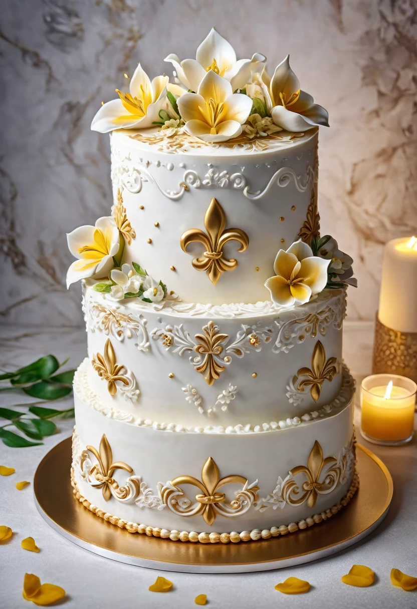 a beautiful layered gateau cake with fleurs de lys design, white in color, grand and elegant, (best quality,4k,8k,highres,masterpiece:1.2),ultra-detailed,(realistic,photorealistic,photo-realistic:1.37),delicate pastry, intricate floral patterns, soft lighting, warm tones, luxury dessert, food photography