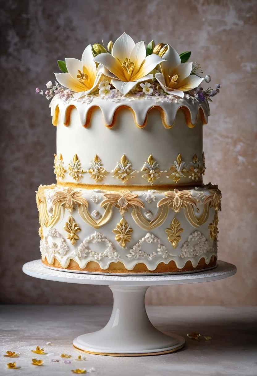 a beautiful layered gateau cake with fleurs de lys design, white in color, grand and elegant, (best quality,4k,8k,highres,masterpiece:1.2),ultra-detailed,(realistic,photorealistic,photo-realistic:1.37),delicate pastry, intricate floral patterns, soft lighting, warm tones, luxury dessert, food photography