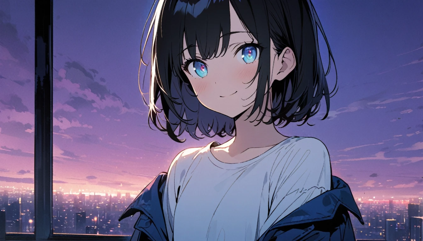 1girl, solo, blue eyes, (detailed eyes), flat chest, short hair, black hair, ((white t-shirt)), simple t-shirt, black skirt, black socks, standing, upper body, gentle smile on her face((masterpiece, illustration, best quality)) girl in a blue coat Wear sunglasses Behind is the cityscape in the evening. There are twinkling lights of the city amidst the blue, blue, and purple sky. Cool girls stand on high balconies or bridges. Looking out at the city with a confident and calm expression. The colors of the picture emphasize the dramatic tone. close up to the face
