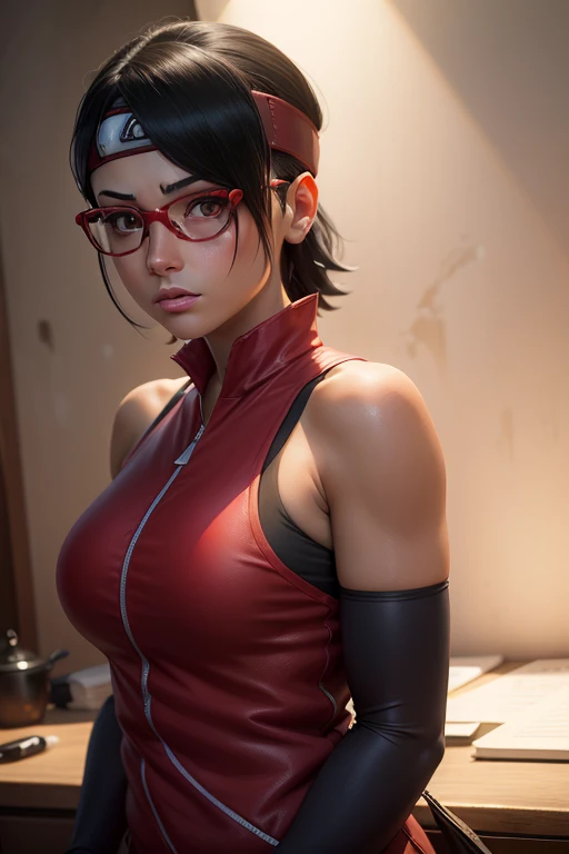 (highres,masterpiece:1.2),ultra-detailed,realistic,professional,beautiful detailed eyes,beautiful detailed lips,dark hair,short black hair,red glasses,Very big breasts,stunning black eyes,clear skin,18-year-old girl,fashionable short hairstyle,vibrant red glasses,Shinobi Academy,fierce determination,confident posture,crimson outfit,intense gaze,background filled with ninjutsu techniques,shadows cleverly accentuating her features,subtle studio lighting,sublime realism,striking color tones