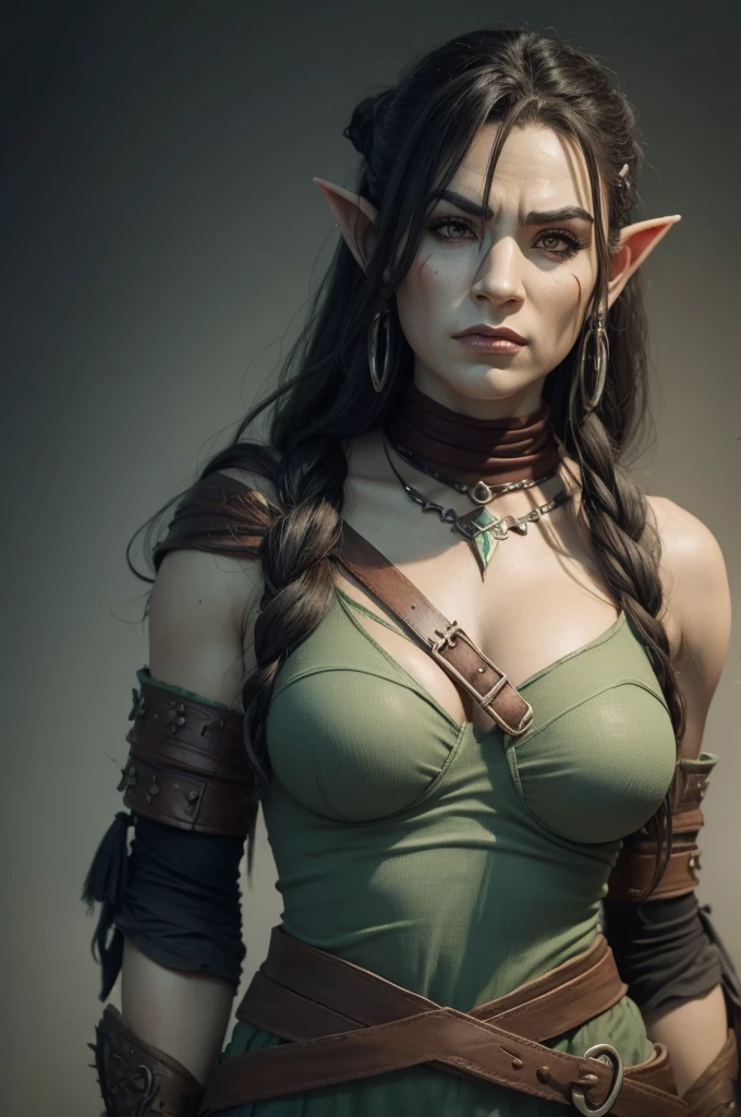 Adult female half-orc drawing with serious face.
