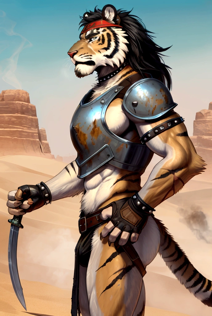 Solo Sexy anthro furry tiger desert slave ancient gladiator, slim endomorph muscular handsone model male apperance, headband, sword scars, worn out leather skimpy armament, low on hips heavy leather belt, old very worn out skimpy dirty linen material jockstrap, old yellow dirty worn out stains on white jockstrap, studded skimpy armlets breastplate armor, skimpy breastplate, leather bondages, fingerless leather gloves, smelly unwashed furr, dirty body look, desert fighting wooden cage arena, standing in sexy fighting cinematic position, close view of full character, side view