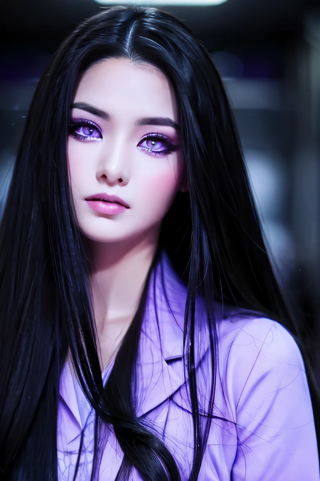 Beautiful woman with long black hair with intimidating purple eyes.