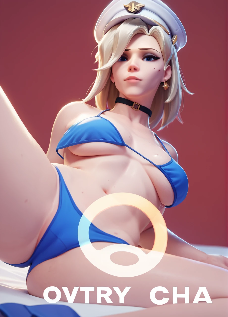 score_9,score_8_up,score_7_up,score_6_up ,source_overwatch score_9, score_8_up, score_7_up,  1woman, solo, mercy \(overwatch\), high quality, blue bikini, blue panty, white commander hat, open hair long hair